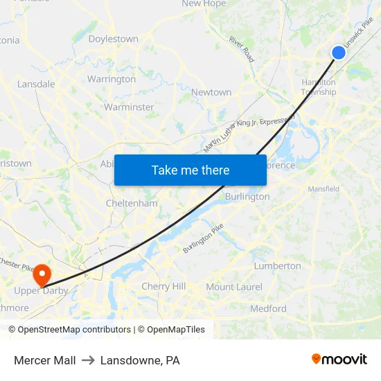 Mercer Mall to Lansdowne, PA map