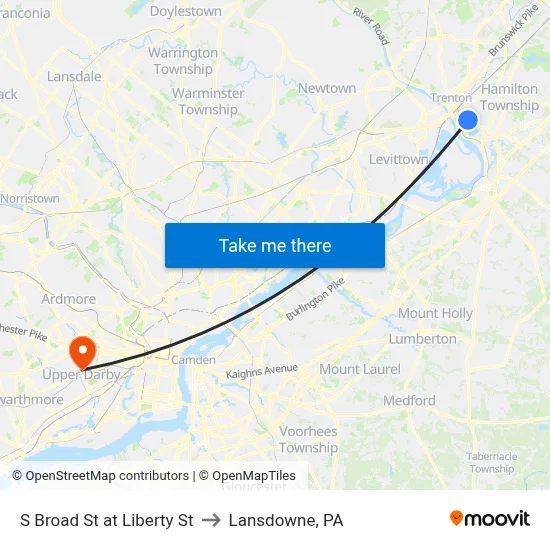 S Broad St at Liberty St to Lansdowne, PA map
