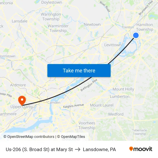 Us-206 (S. Broad St) at Mary St to Lansdowne, PA map