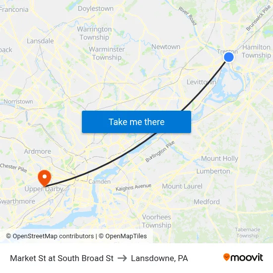 Market St at South Broad St to Lansdowne, PA map