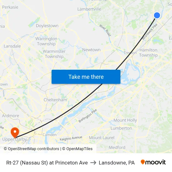 Rt-27 (Nassau St) at Princeton Ave to Lansdowne, PA map