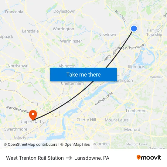 West Trenton Rail Station to Lansdowne, PA map