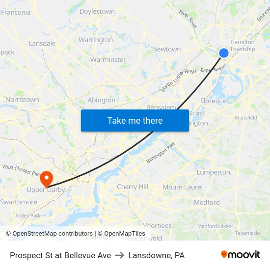 Prospect St at Bellevue Ave to Lansdowne, PA map