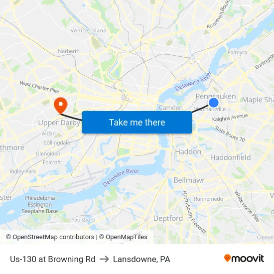 Us-130 at Browning Rd to Lansdowne, PA map