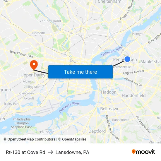 Rt-130 at Cove Rd to Lansdowne, PA map