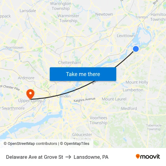 Delaware Ave at Grove St to Lansdowne, PA map