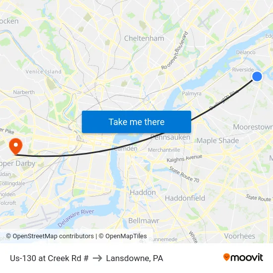 Us-130 at Creek Rd # to Lansdowne, PA map