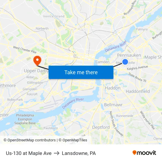 Us-130 at Maple Ave to Lansdowne, PA map