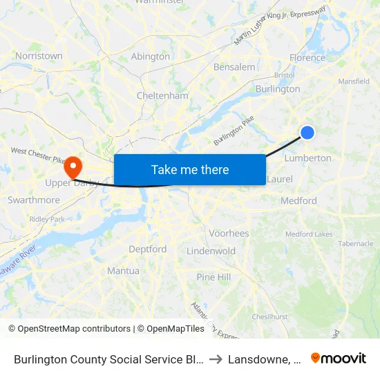 Burlington County Social Service Bldg to Lansdowne, PA map