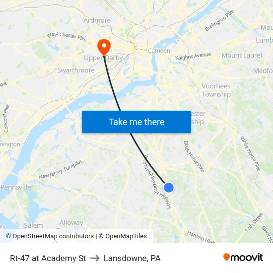 Rt-47 at Academy St to Lansdowne, PA map