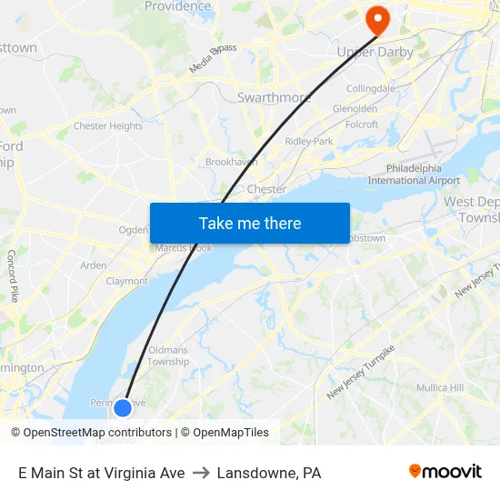E Main St at Virginia Ave to Lansdowne, PA map