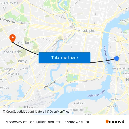 Broadway at Carl Miller Blvd to Lansdowne, PA map