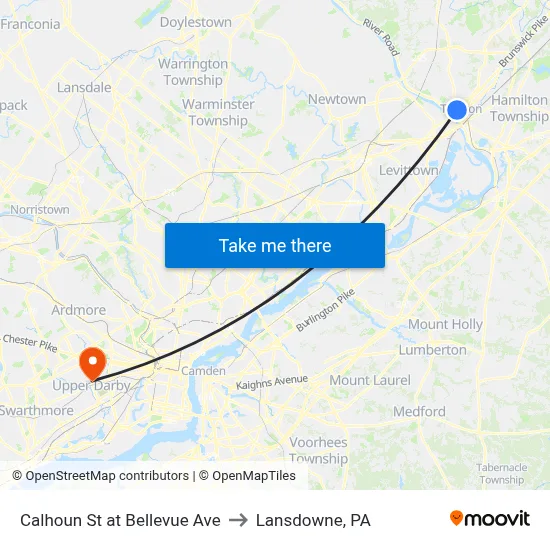 Calhoun St at Bellevue Ave to Lansdowne, PA map