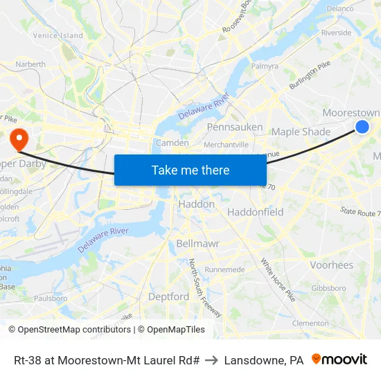Rt-38 at Moorestown-Mt Laurel Rd# to Lansdowne, PA map