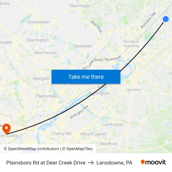 Plainsboro Rd at Deer Creek Drive to Lansdowne, PA map