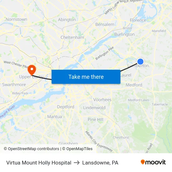 Virtua Mount Holly Hospital to Lansdowne, PA map