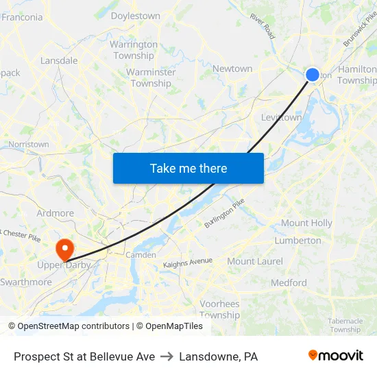 Prospect St at Bellevue Ave to Lansdowne, PA map