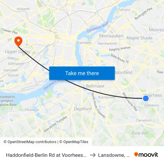 Haddonfield-Berlin Rd at Voorhees Dr to Lansdowne, PA map