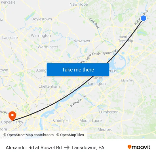 Alexander Rd at Roszel Rd to Lansdowne, PA map