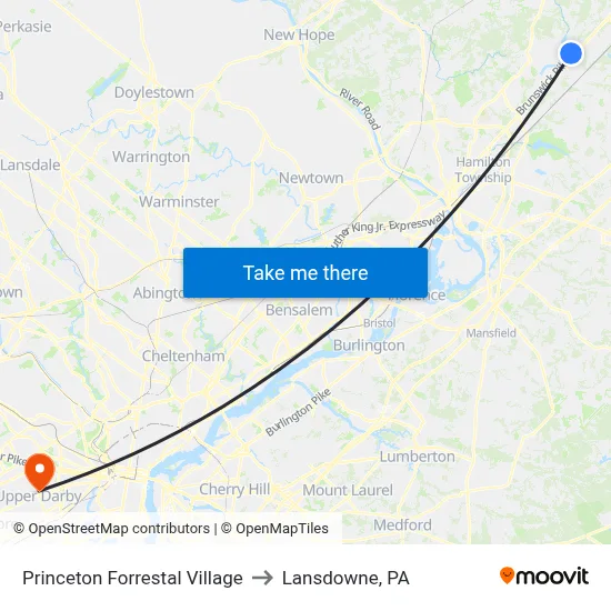 Princeton Forrestal Village to Lansdowne, PA map