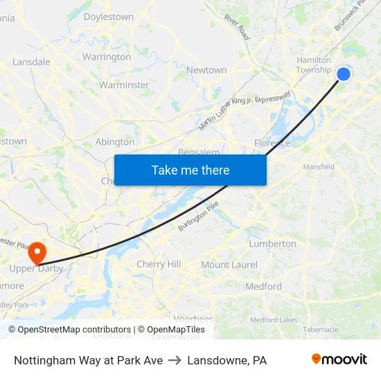 Nottingham Way at Park Ave to Lansdowne, PA map