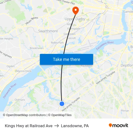 Kings Hwy at Railroad Ave to Lansdowne, PA map