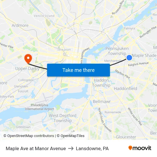 Maple Ave at Manor Avenue to Lansdowne, PA map