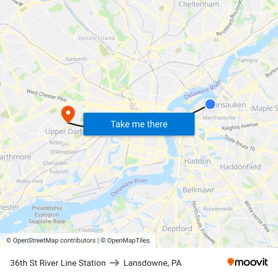 36th St River Line Station to Lansdowne, PA map