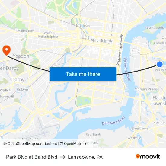Park Blvd at Baird Blvd to Lansdowne, PA map
