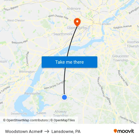 Woodstown Acme# to Lansdowne, PA map