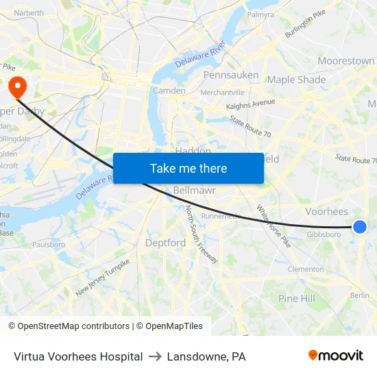 Virtua Voorhees Hospital to Lansdowne, PA map
