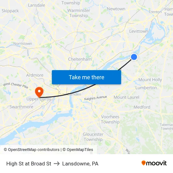 High St at Broad St to Lansdowne, PA map