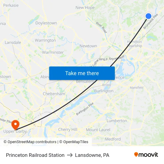 Princeton Railroad Station to Lansdowne, PA map