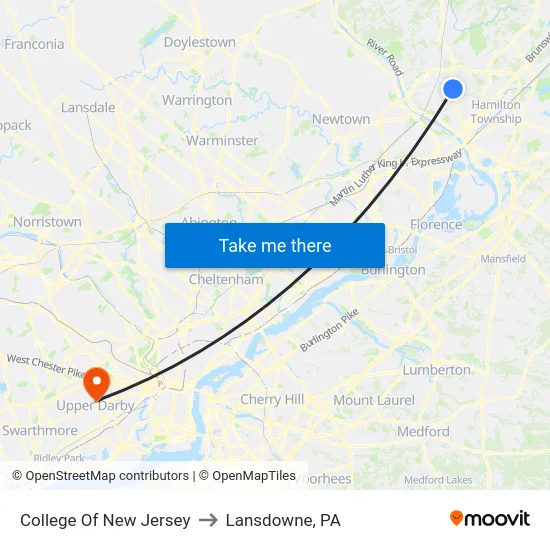 College Of New Jersey to Lansdowne, PA map