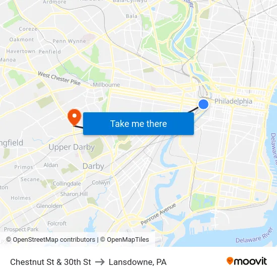 Chestnut St & 30th St to Lansdowne, PA map