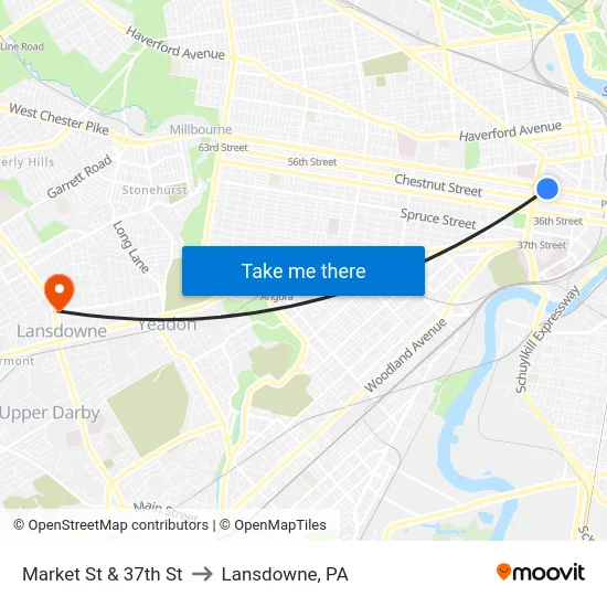 Market St & 37th St to Lansdowne, PA map