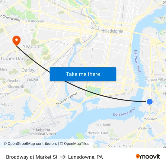 Broadway at Market St to Lansdowne, PA map