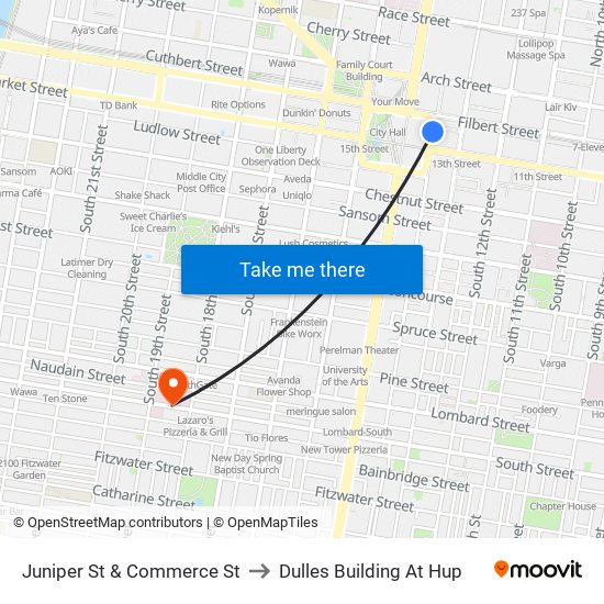 Juniper St & Commerce St to Dulles Building At Hup map