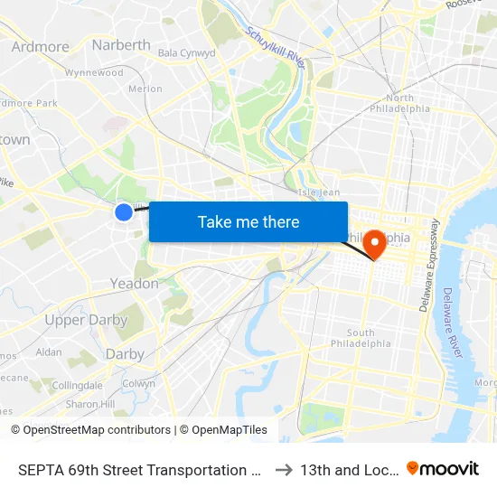 SEPTA 69th Street Transportation Center to 13th and Locust map