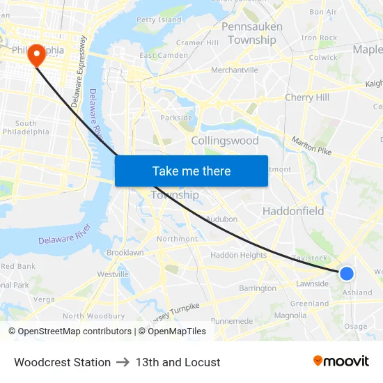Woodcrest Station to 13th and Locust map