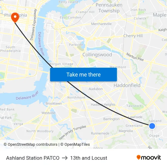 Ashland Station PATCO to 13th and Locust map
