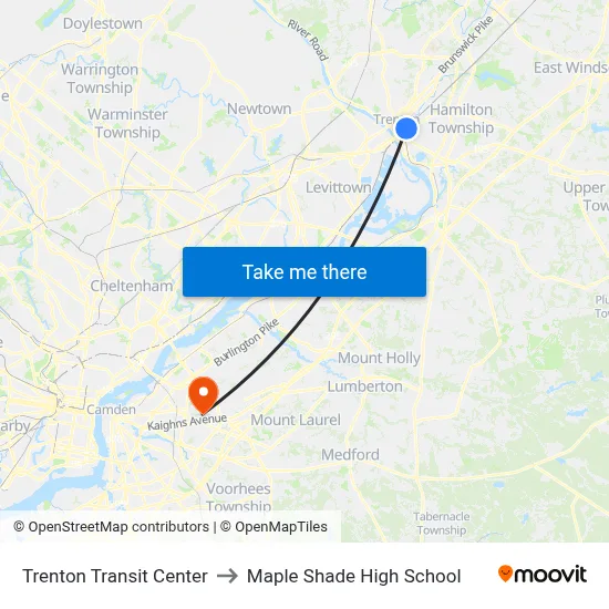 Trenton Transit Center to Maple Shade High School map