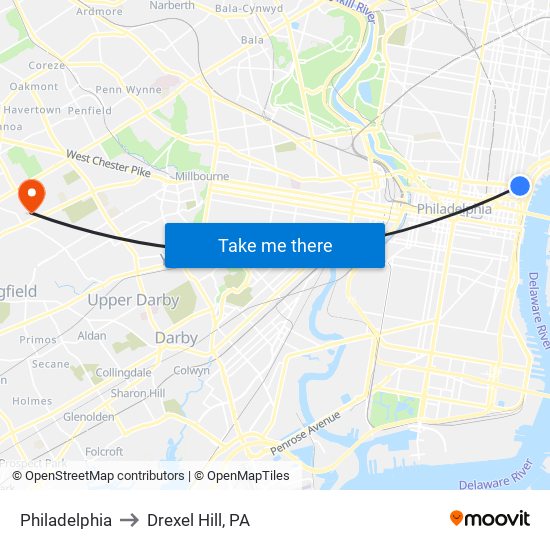 Philadelphia to Drexel Hill, PA map