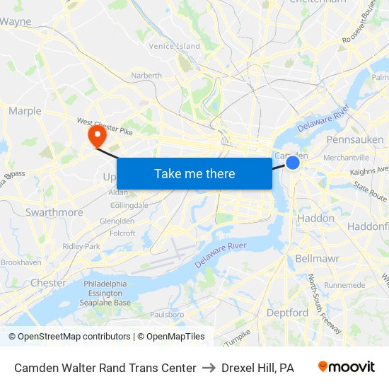 Camden Walter Rand Trans Center to Drexel Hill, PA map