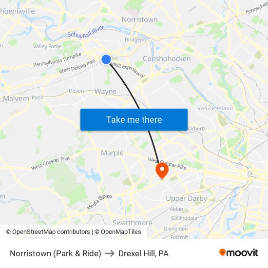 Norristown (Park & Ride) to Drexel Hill, PA map
