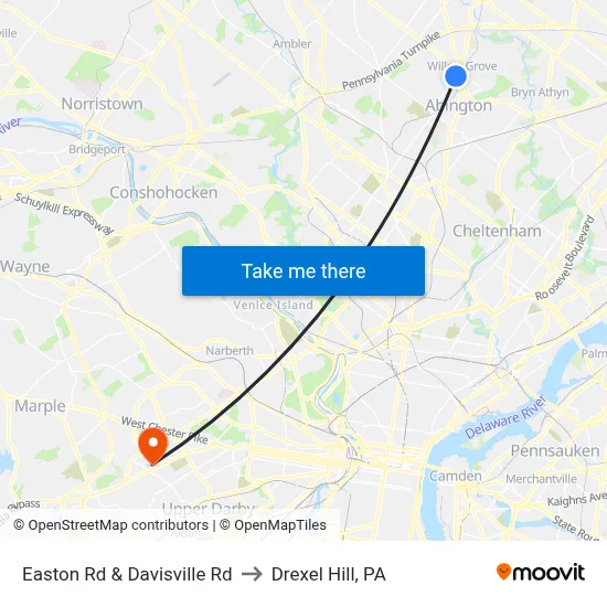Easton Rd & Davisville Rd to Drexel Hill, PA map