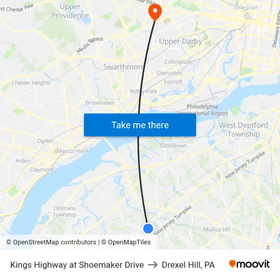 Kings Highway at Shoemaker Drive to Drexel Hill, PA map