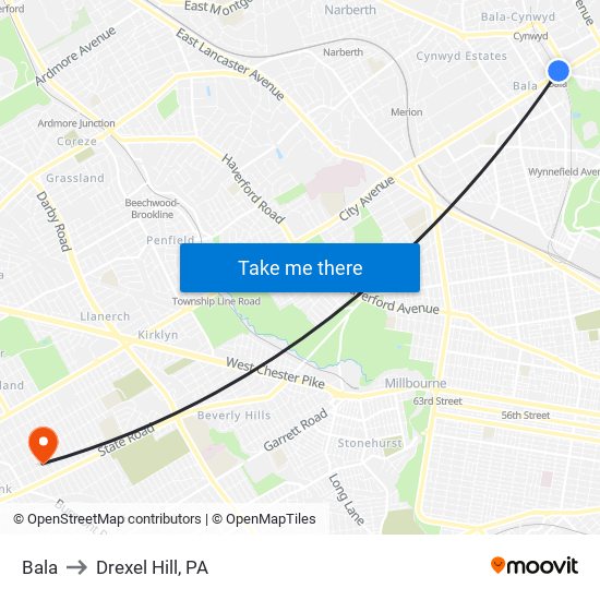 Bala to Drexel Hill, PA map