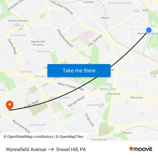 Wynnefield Avenue to Drexel Hill, PA map
