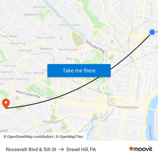 Roosevelt Blvd & 5th St to Drexel Hill, PA map